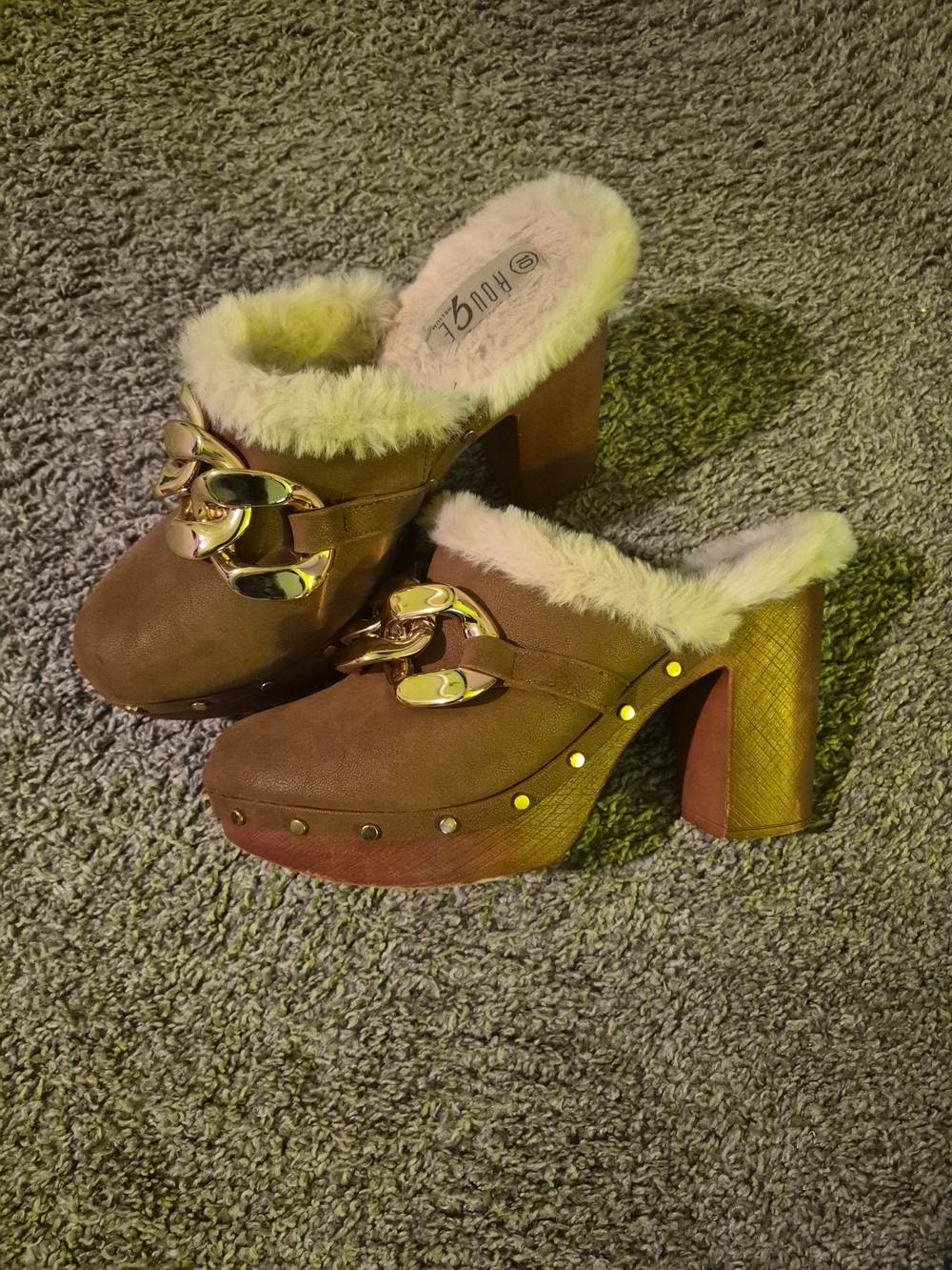 Faux-Suede Brown Faux-Fur Clog Mules with Gold Chain Accent
